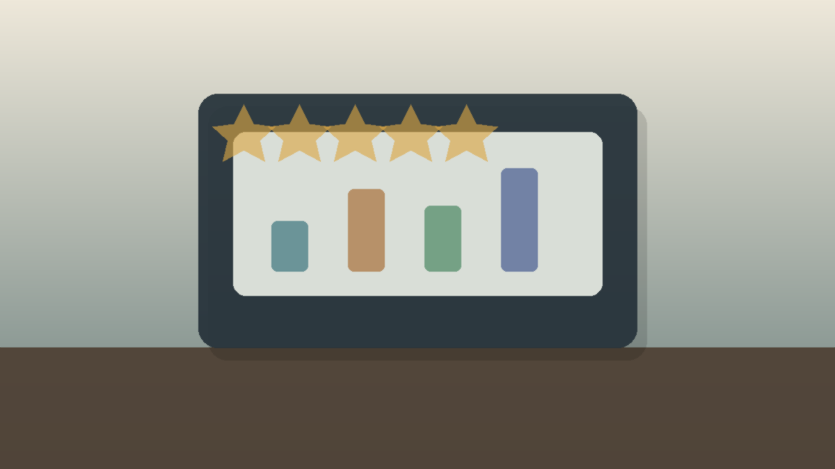 A tablet on a desk displaying guest feedback and booking analytics graphs without readable text